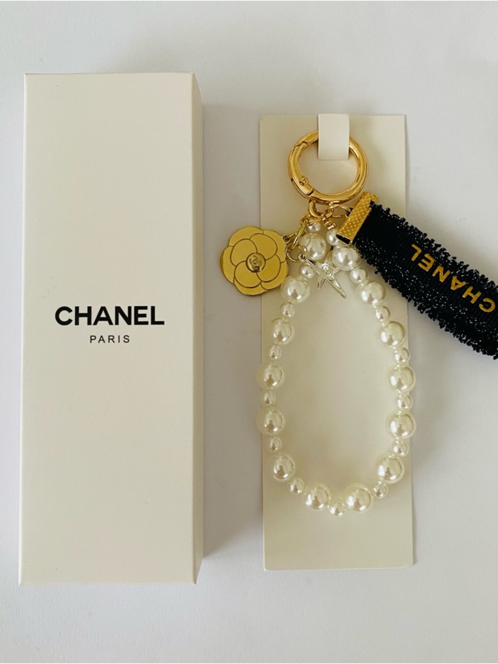 New Chanel VIP GWP Navy Metallic Ribbon Pearls Camellia Star Key Chain Bag Charm